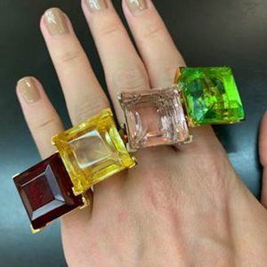 KENNETH JAY LANE, COLORED CRYSTAL SQUARE STATEMENT RINGS: CHOOSE: JET, CLEAR, EM